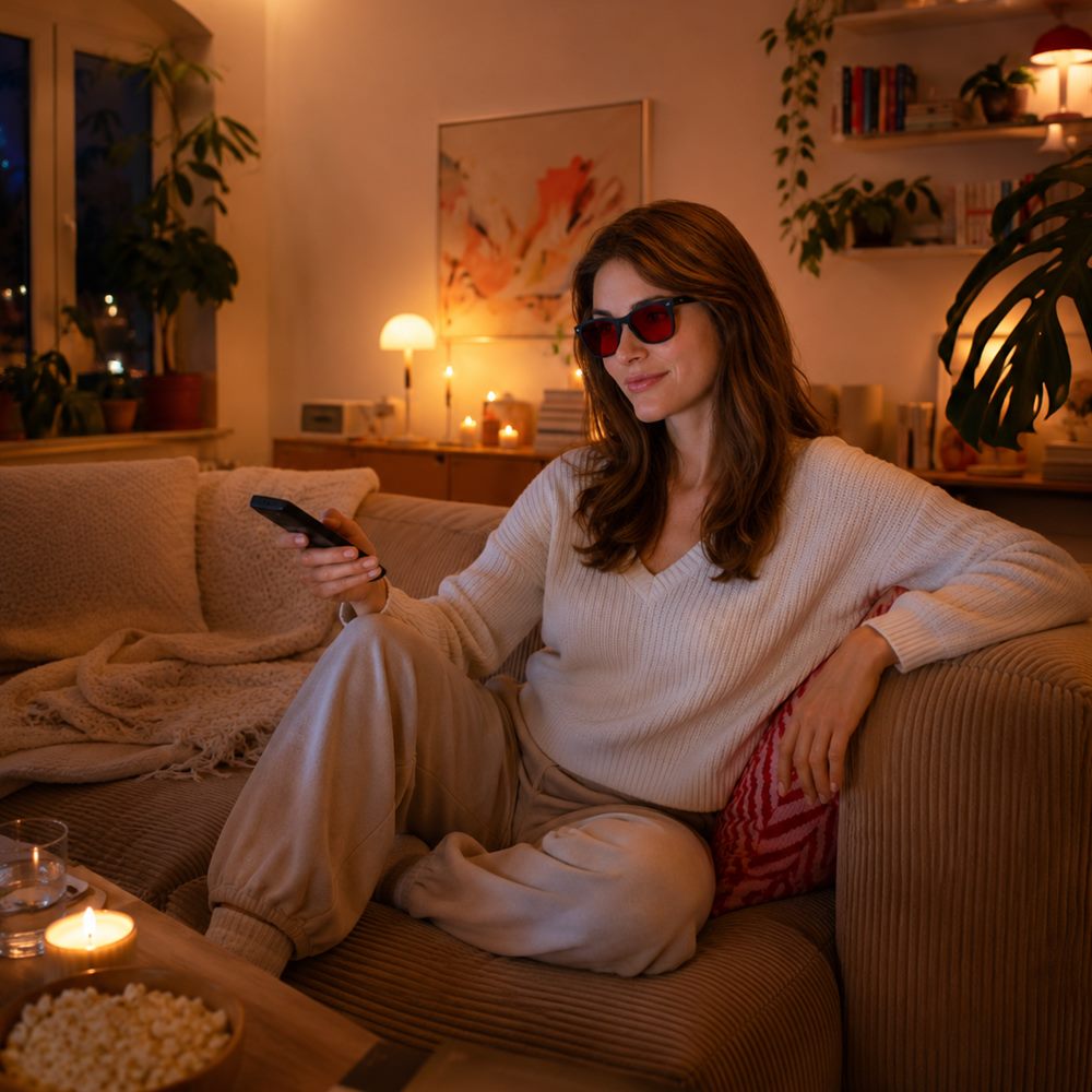 Wearing Ember glasses on the couch in the evening